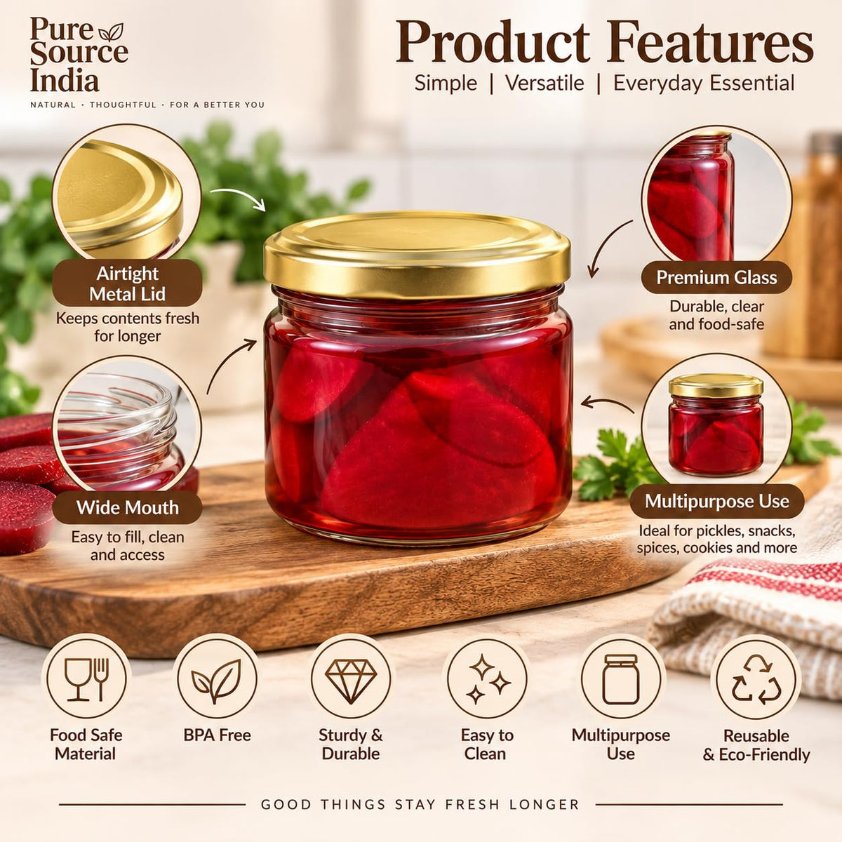 Pure Source India 250 ML Red Glass Storage Jar | Wide Mouth Kitchen Jar for Pickles, Spices, Dry Fruits, Cookies & Snacks
