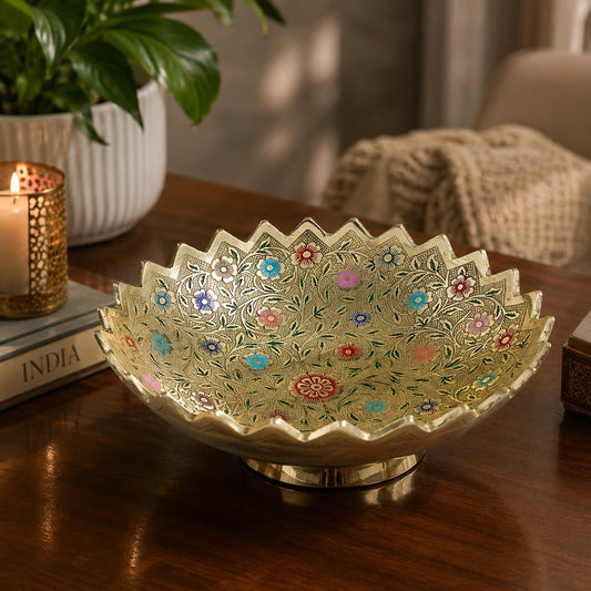 Pure Source India Handcrafted Brass Decorative Bowl with Colorful Floral Enamel Work | Decorative Centerpiece Bowl | Multipurpose Fruit Bowl, Floating Candle Urli & Potpourri Holder