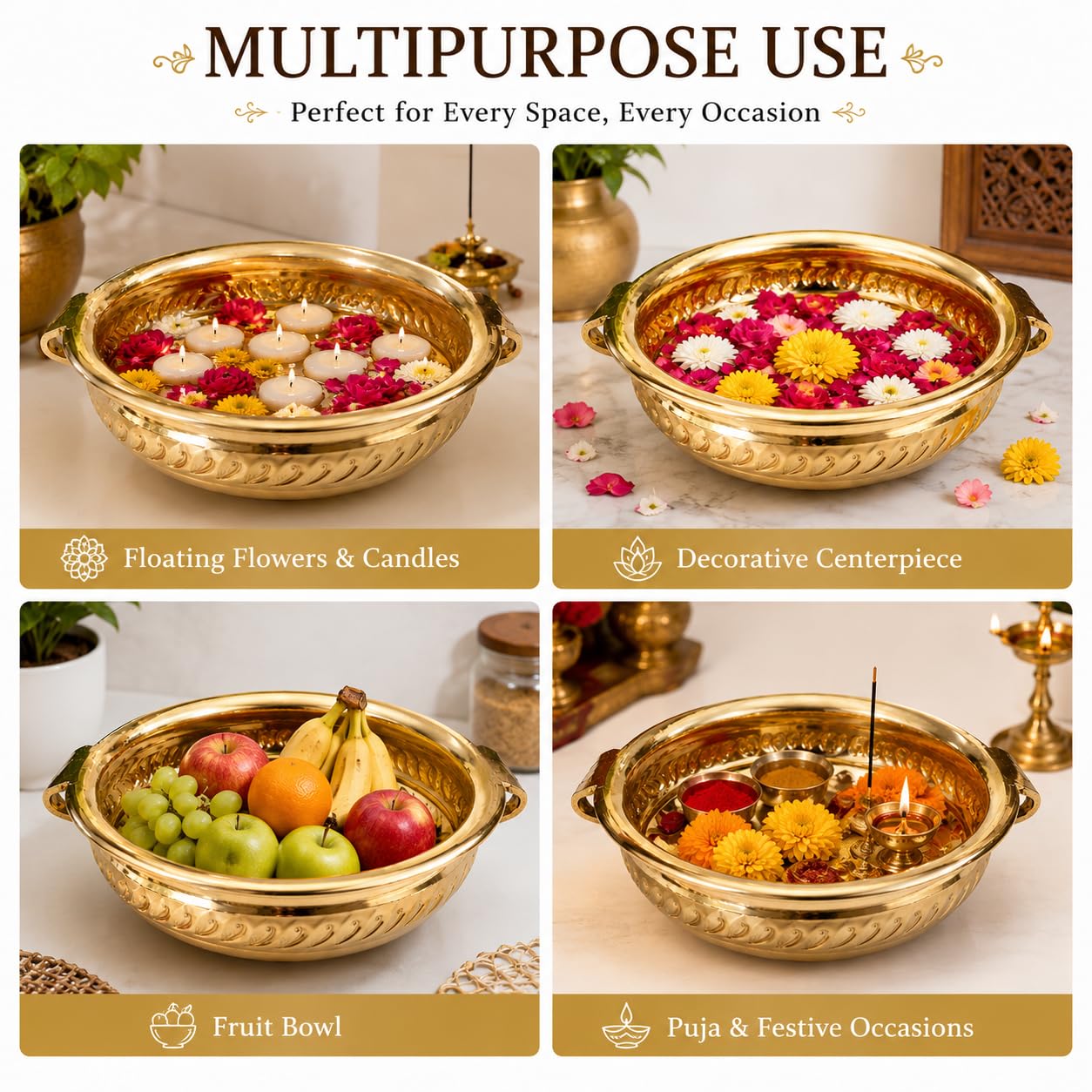Pure Source India Handmade Brass Urli Bowl for Home Decor & Puja | Decorative Floating Flower Bowl for Entrance, Living Room, Festivals, Diwali Decoration (12 Inch)