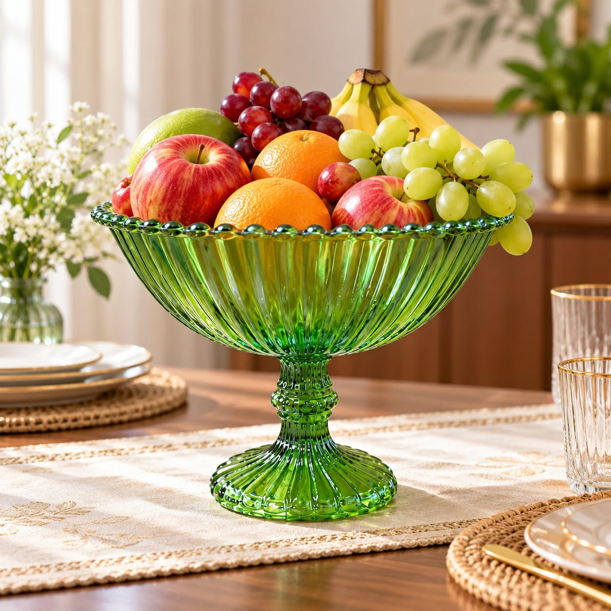 Pure Source India Green Glass Fruit Bowl 7.5 Inch | Decorative Ribbed Pedestal Bowl for Fruits, Snacks, Desserts & Table Centerpiece | Elegant Gold Serving Bowl