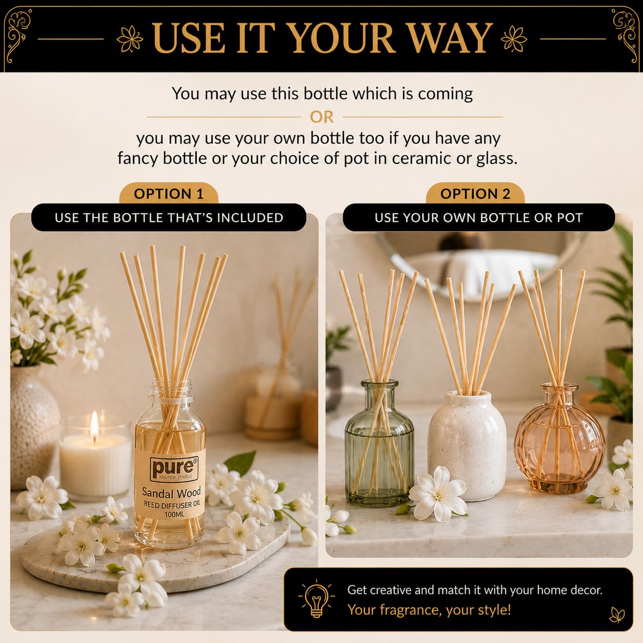 Pure Source India 100ML Sandalwood  Aroma Reed Diffuser Refill , 8 Pcs Reed Stick Coming Free With This Reed Diffuser Oil