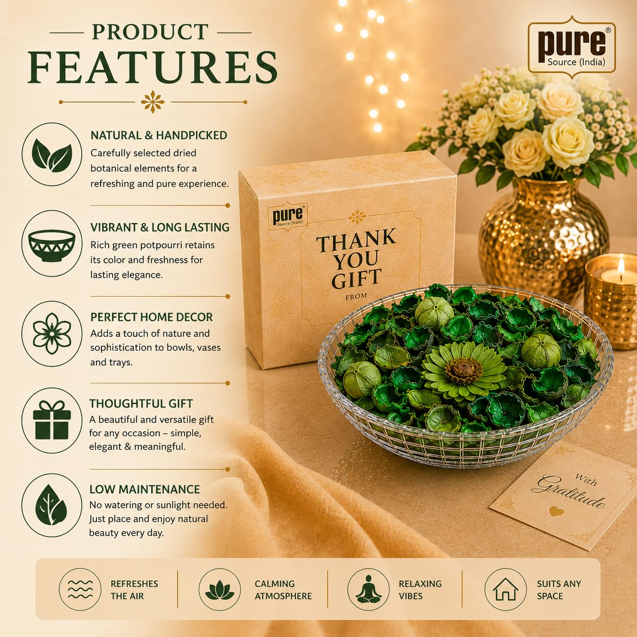 Pure Source India Decorative Potpourri Bowl with Relaxing Fragrance | Ready-to-Gift Shrink Wrapped | Thank You Gift | Home Decor, Center Table, Living Room & Festive Decoration