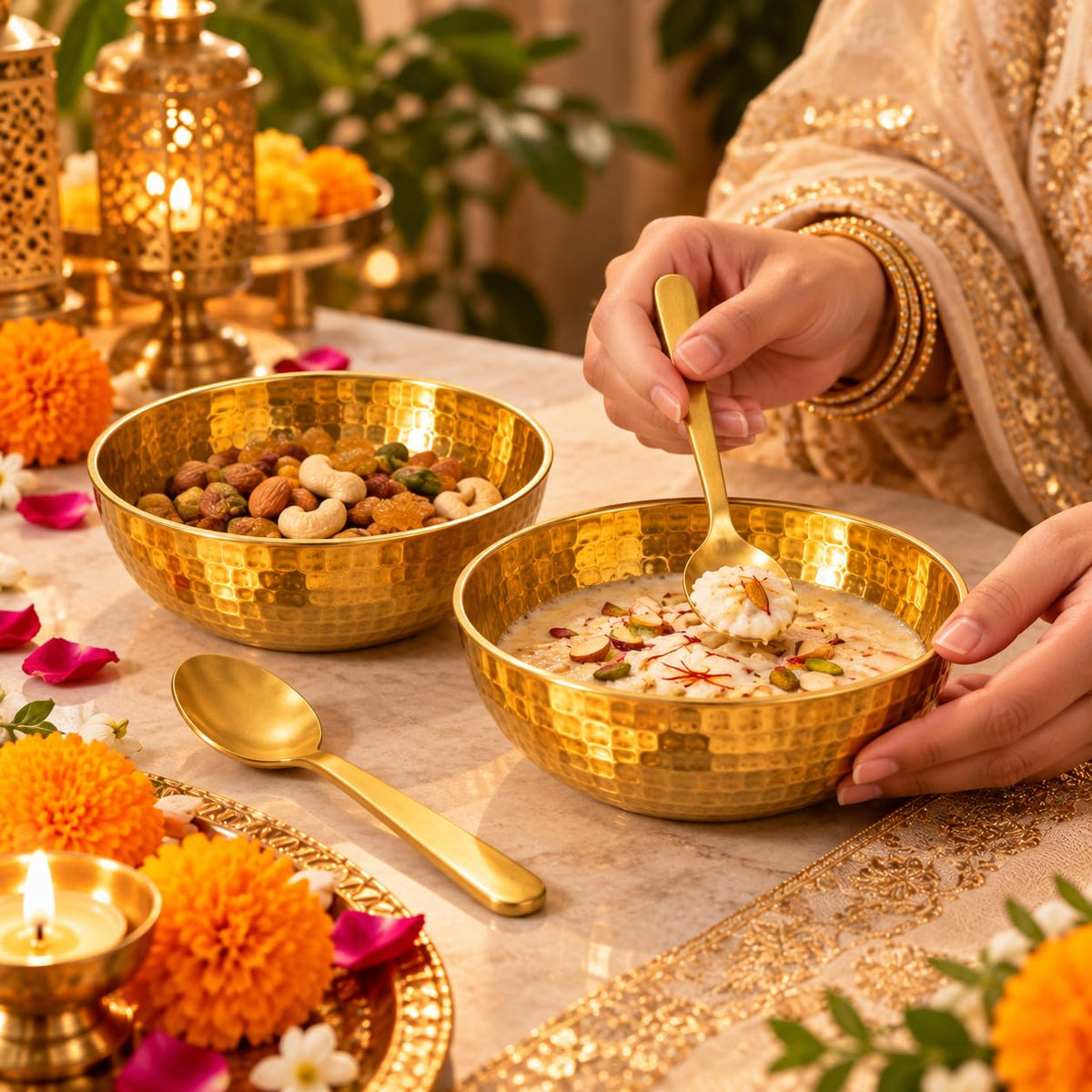 Pure Source India Gift Set with 2 Hammered Brass Bowls & 2 Spoons, for Diwali, Wedding, Housewarming & Festive Gifting