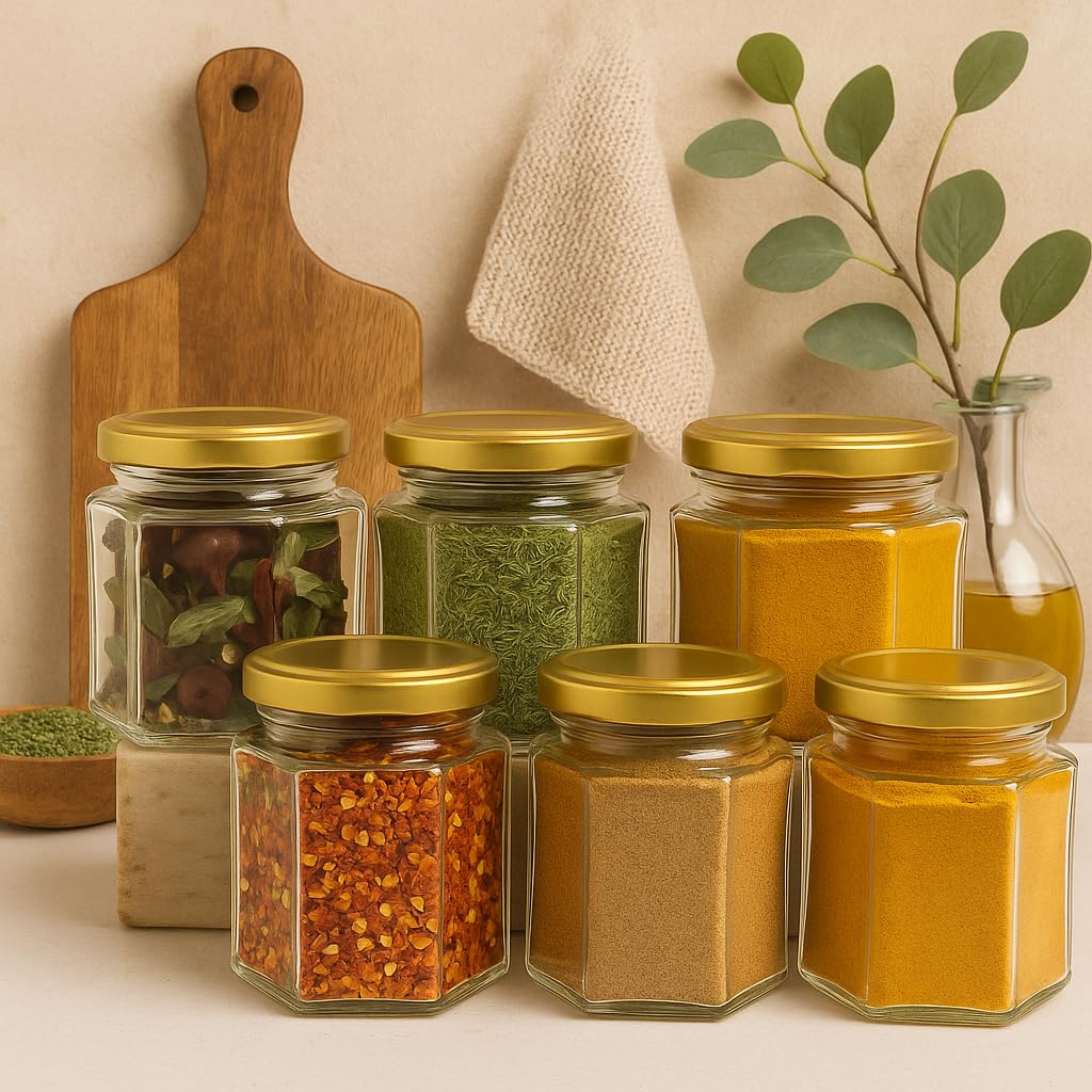 Pure Source India 190ml Hexagon Glass Jar with Golden Lid | Airtight & Leakproof | Dishwasher & Freezer Safe |for Spices, Pickles, Honey, Dry Fruits, Gifts & Kitchen Organization