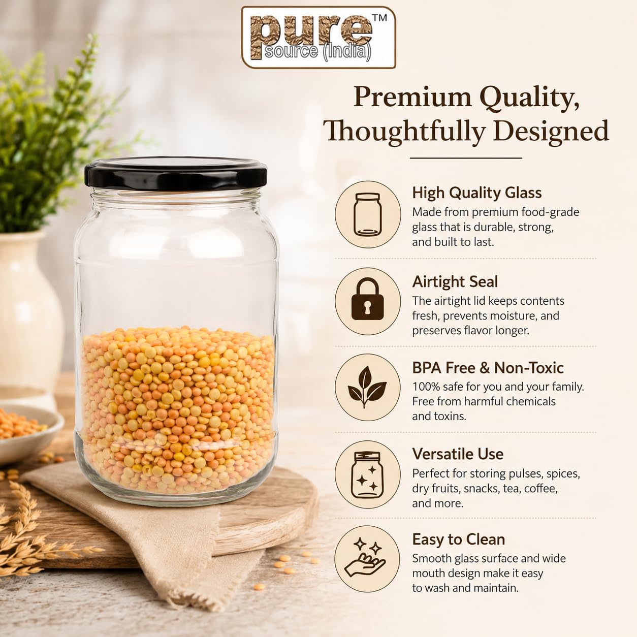 Pure Source India Glass Jar Container With Metal Black Airtight Lid, Capacity 500gm