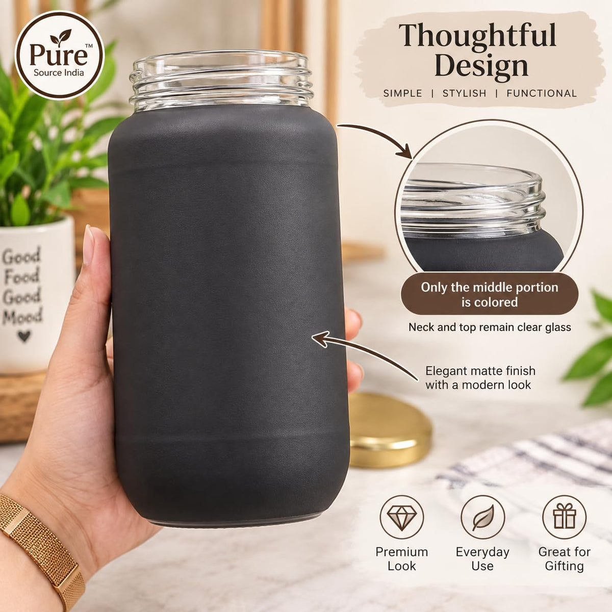 Pure Source India Black Matt Glass Jar with Gold Metal Lid, (1000ml), Airtight Kitchen & Pantry Container, Multipurpose Food Storage Jar