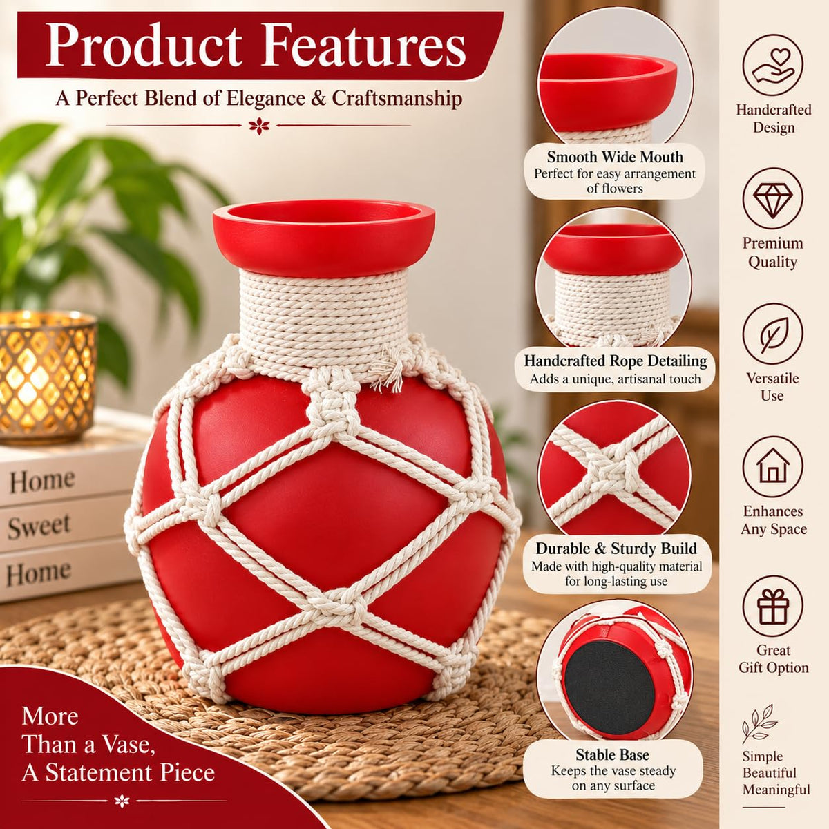 Pure Source India Decorative Red Flower Vase with Macramé Rope Design | Tabletop Home Décor Vase for Living Room, Dining Table & Office