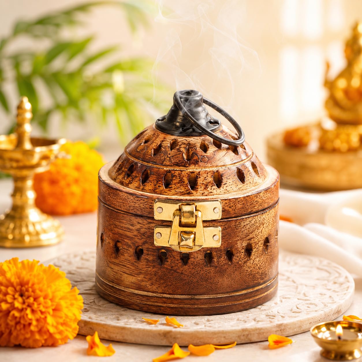 Hanging Rosewood Wooden Sambrani Incense Holder | Decorative Agarbatti & Dhoop Cone Stand | Ideal for Puja, Home, and Office Fragrance