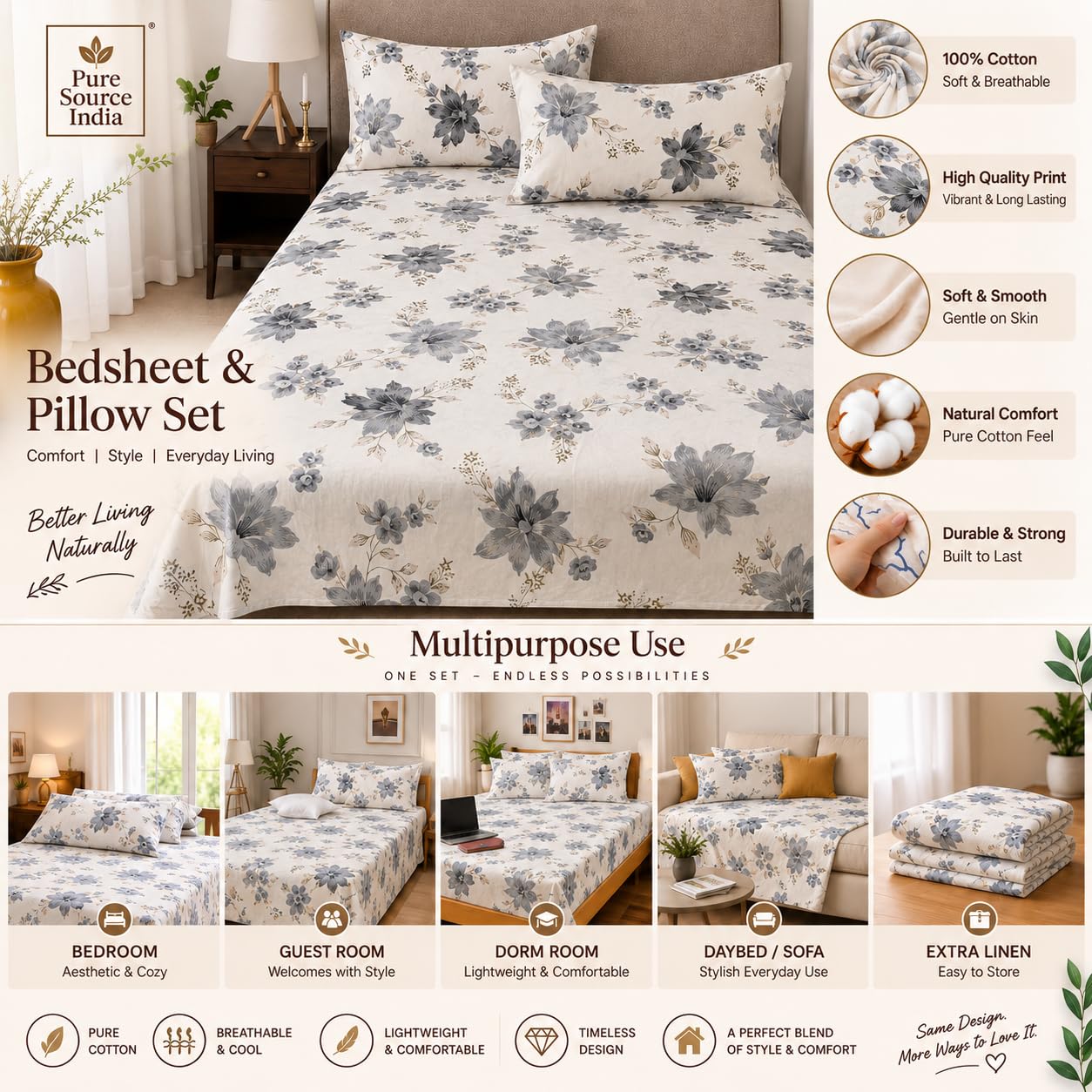 Pure Source India Soft Touch Poly Cotton Double Bed Sheet with Matching 2 Pillow Covers (Grey Floral)