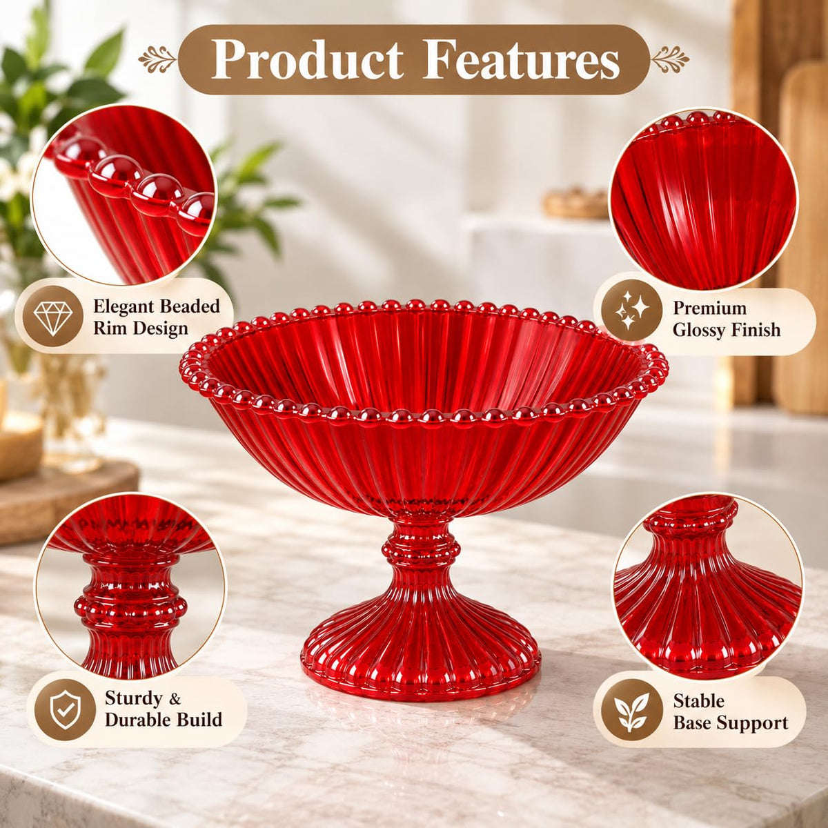Pure Source India Red Glass Fruit Bowl 7.5 Inch | Decorative Ribbed Pedestal Bowl for Fruits, Snacks, Desserts & Table Centerpiece | Elegant Gold Serving Bowl