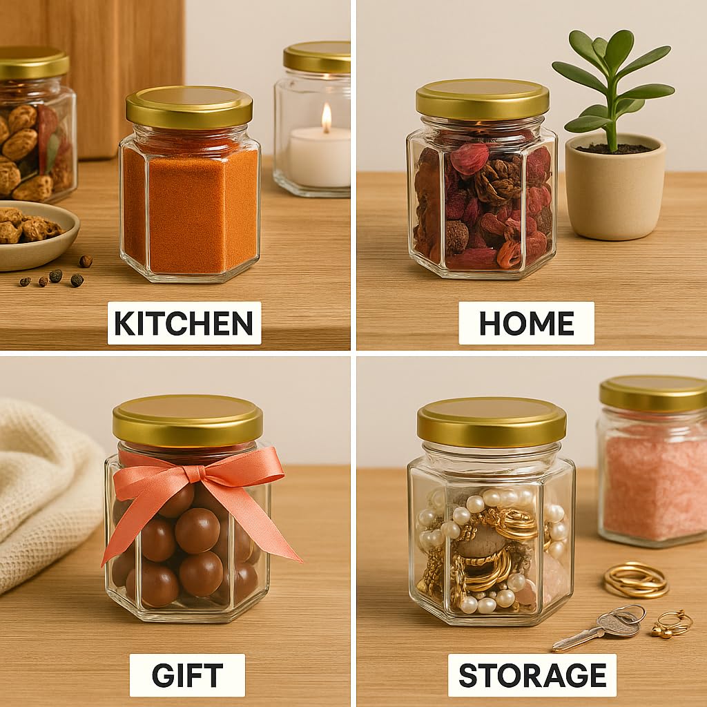 Pure Source India 190ml Hexagon Glass Jar with Golden Lid | Airtight & Leakproof | Dishwasher & Freezer Safe |for Spices, Pickles, Honey, Dry Fruits, Gifts & Kitchen Organization