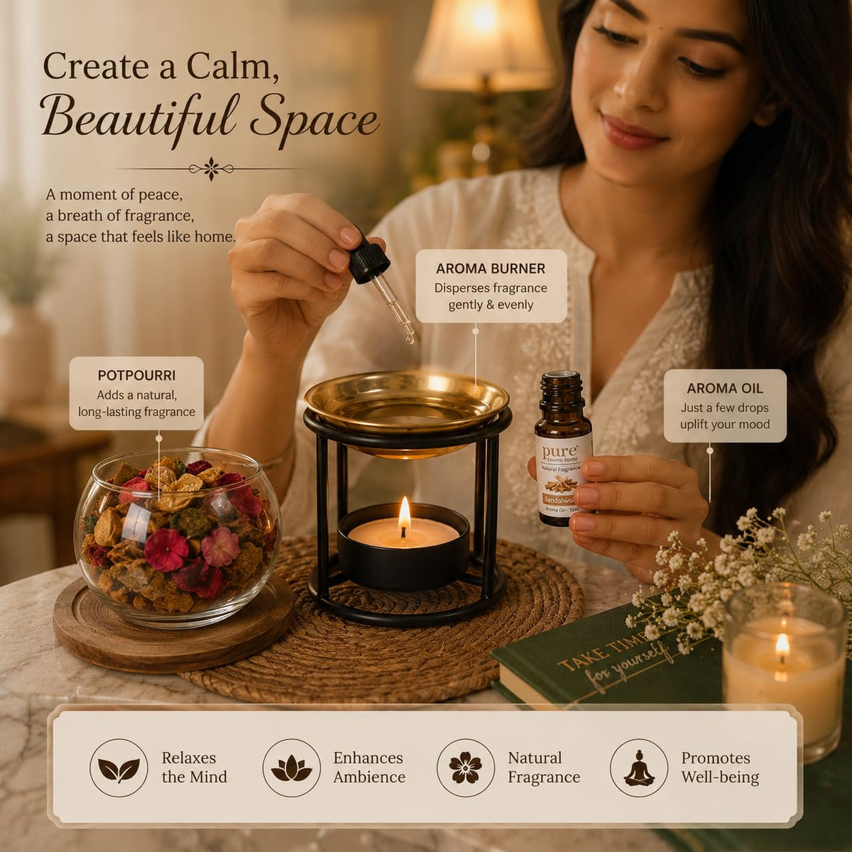 Pure Source India Diwali Gift Set with Brass Aroma Burner, Aroma Oil, Scented Candle & Potpourri Potli | Festive Home Fragrance Gift Hamper