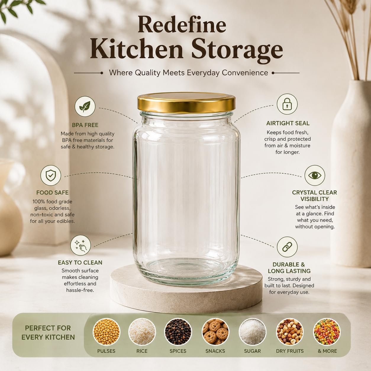 Pure Source India 500gm Round ,Glass Jar with Gold Lug Cap | Airtight Food Storage Jar for Honey, Jam, Pickles, Spices & Preserves