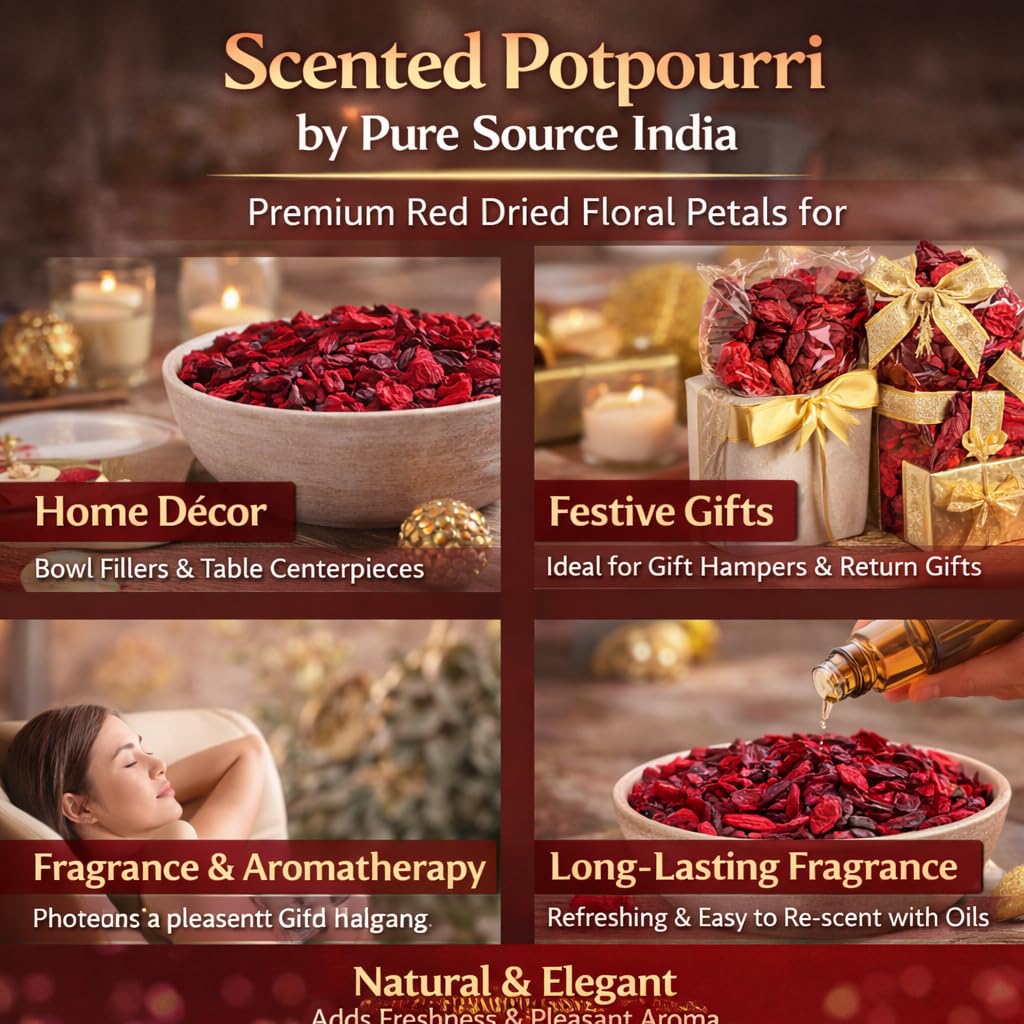 Pure Source India Premium  Red Rose Scented Potpourri Gift Pack – Natural Dried Flower Fragrance for Home Décor, Aromatherapy & Festive Gift Hampers
