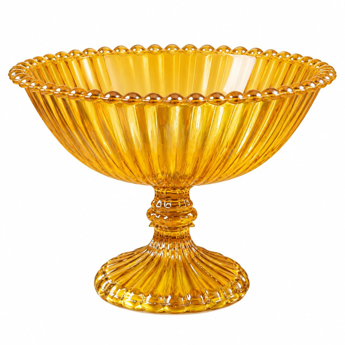 Pure Source India Yellow Glass Fruit Bowl 7.5 Inch | Decorative Ribbed Pedestal Bowl for Fruits, Snacks, Desserts & Table Centerpiece | Elegant Gold Serving Bowl