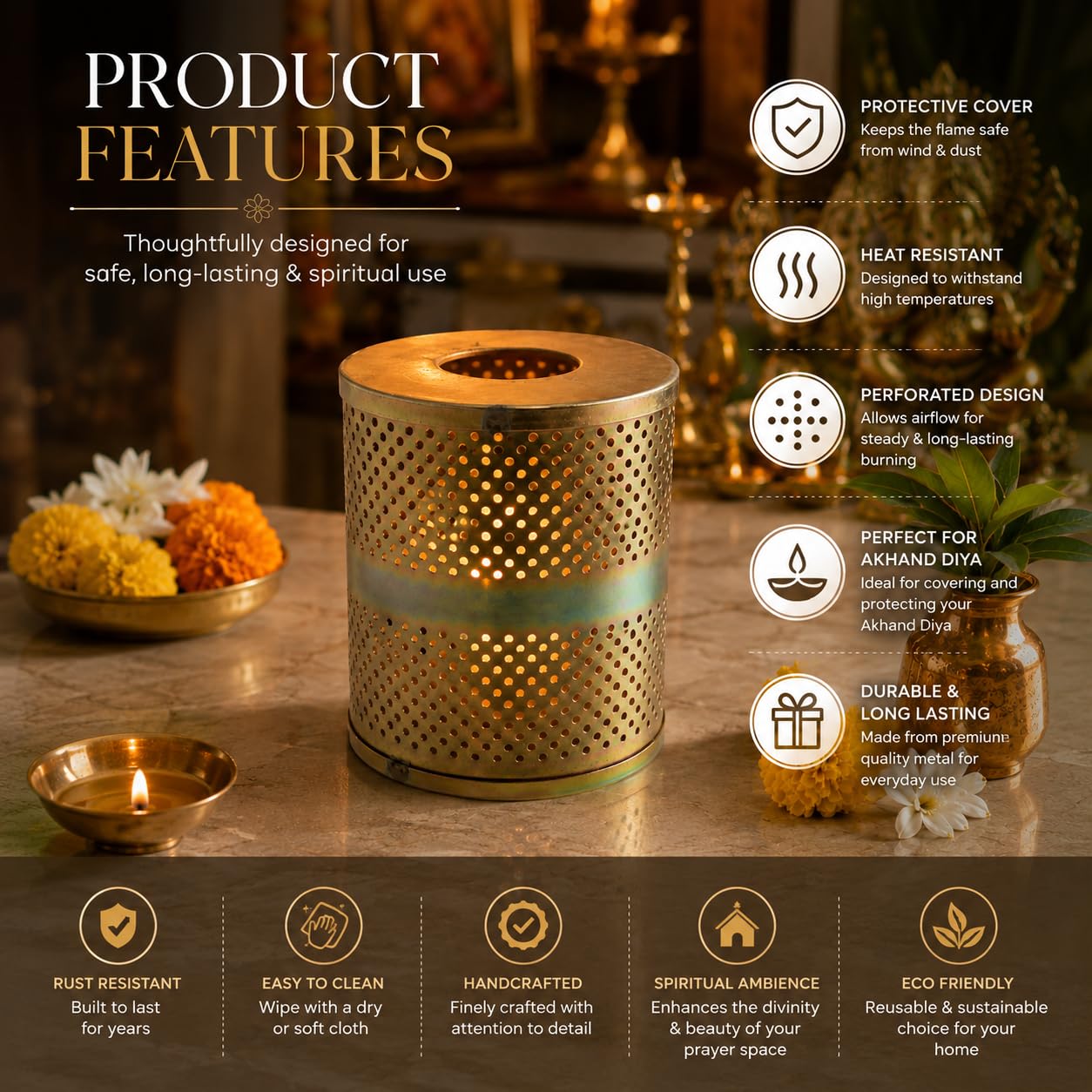 Pure Source India Akhand Jyot Wind Protector | Akhand Deep Diya Cover | Metal Deepak Flame Safety Guard for Puja Mandir