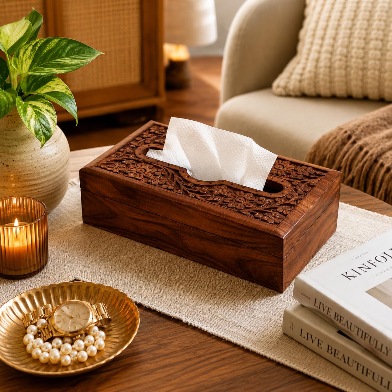 Pure Source India Handmade Wooden Tissue Napkin Holder Box, Decorative Wood Intricate Carvings Facial Napkins Holder Box for Dining Table, Kitchen, Home