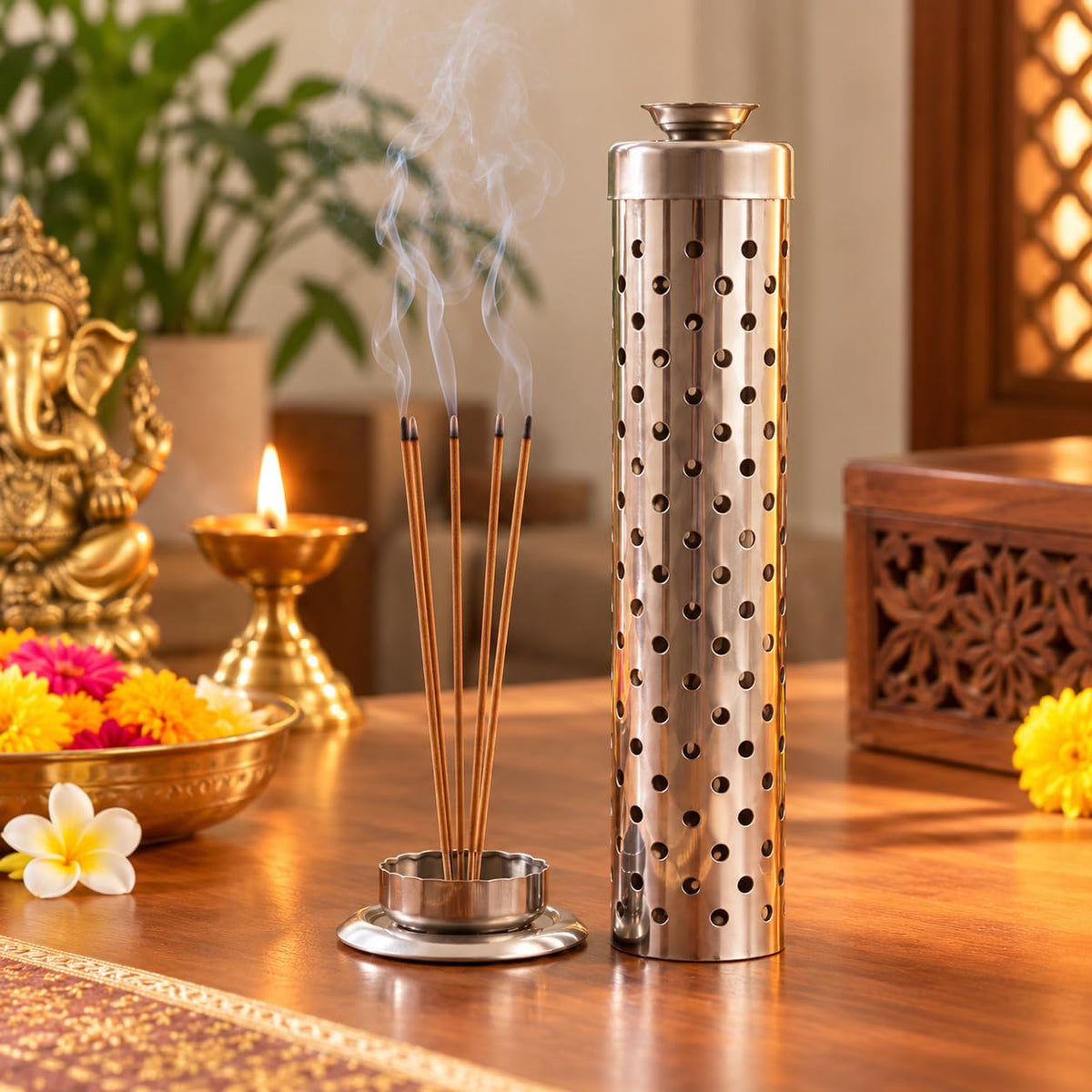 Pure Source India Stainless Steel Incense Stick Holder for Home Temple, Pooja Room and Meditation