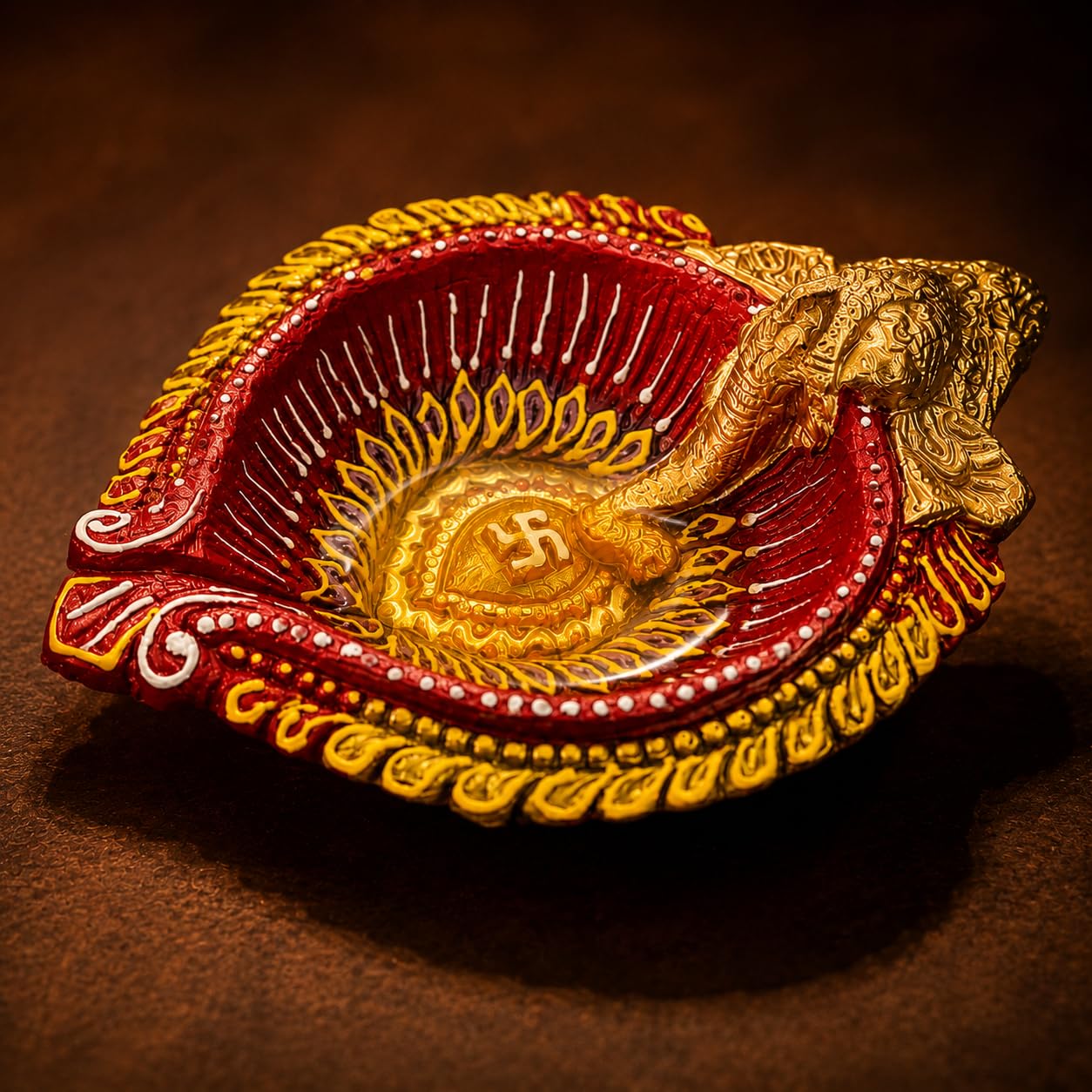 Pure Source India Decorative Ganesh Ji Diya| Handcrafted Red & Gold Oil Lamp with Auspicious Swastik Design | Traditional Diwali Diya for Festivals, Pooja Room & Gifting
