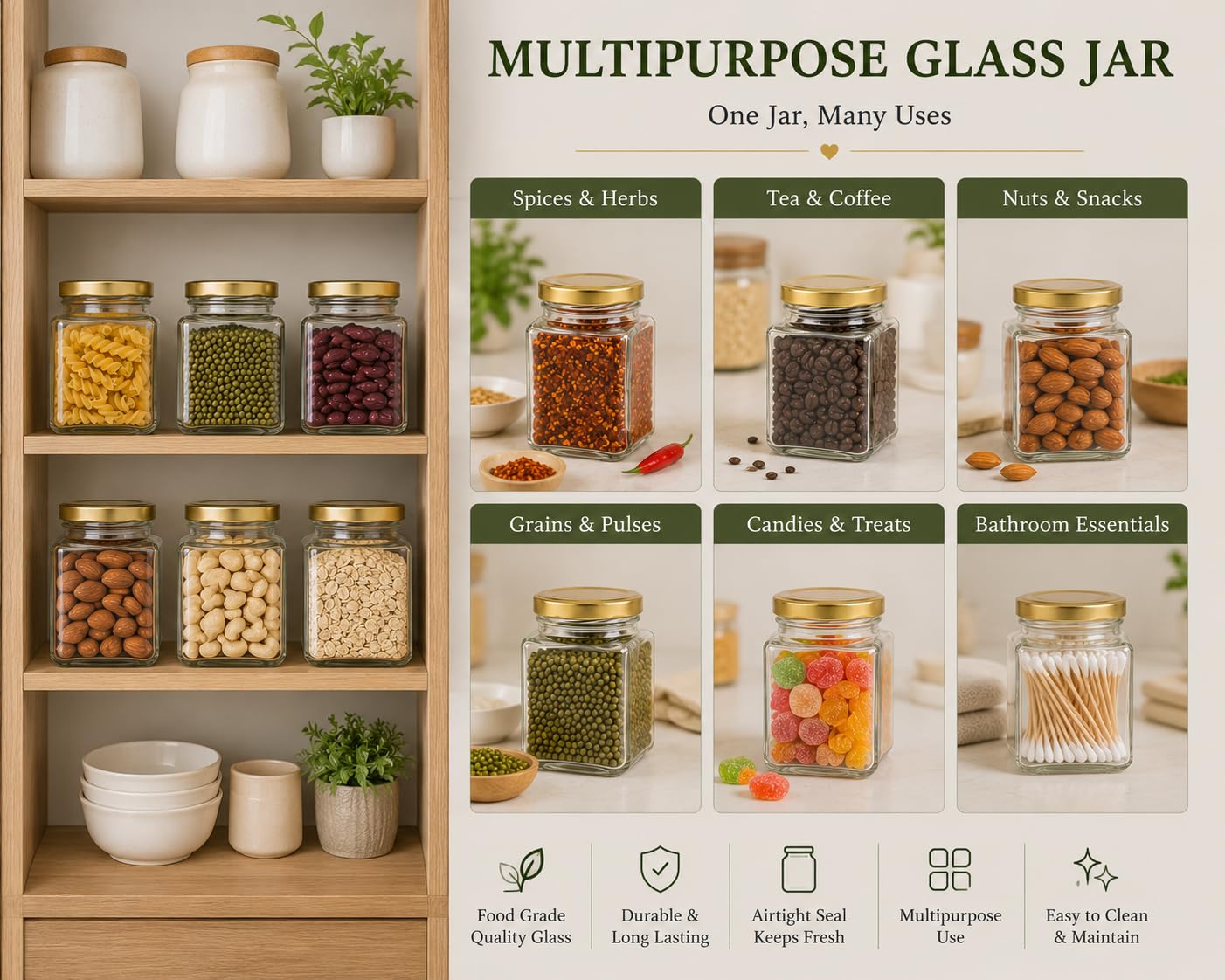 Pure Source India 150gm, Square Glass Jar with Gold Lug Cap | Airtight Food Storage Jar for Honey, Jam, Pickles, Spices & Preserves