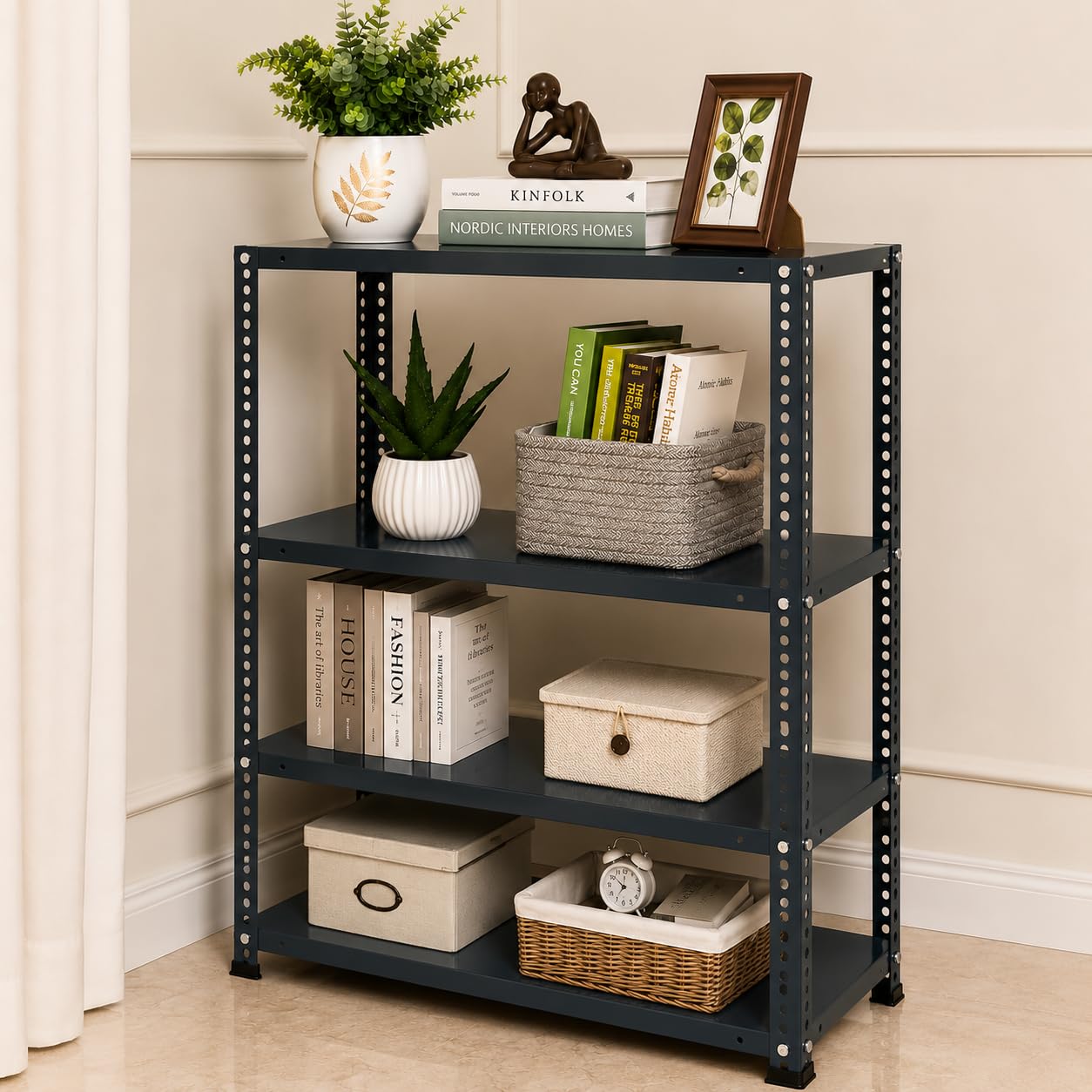 Pure Source India Iron Matte Finish (2 X 1 X 4 FT) (4 Shelf) Adjustable Display Rack for Home Office & Gym Use