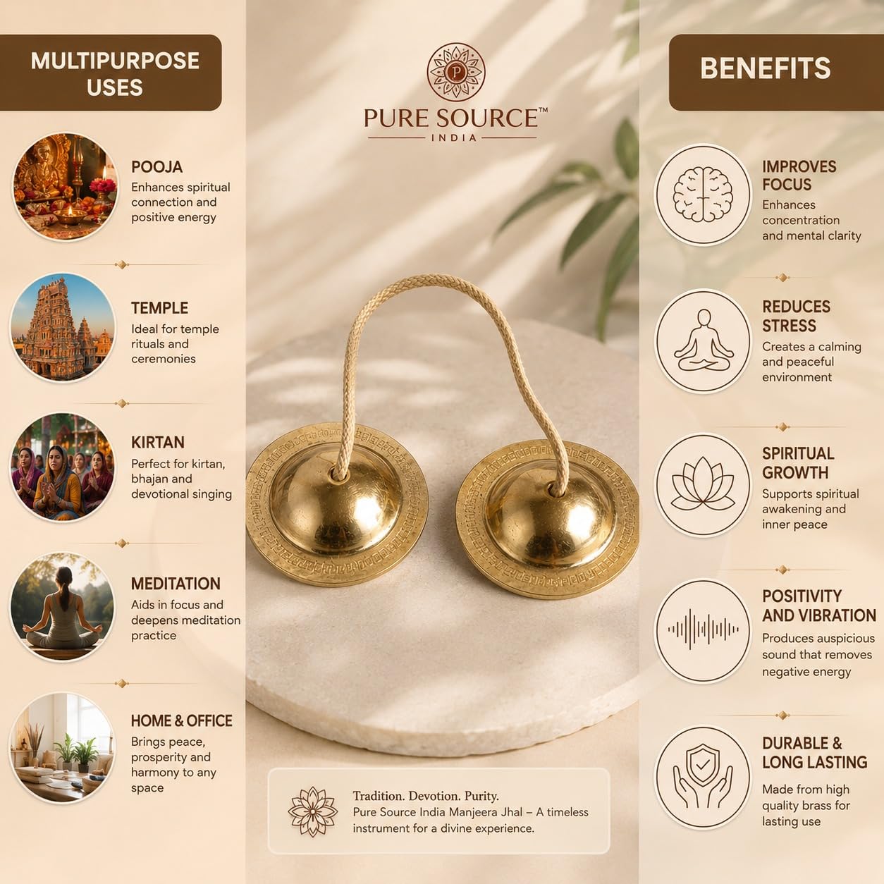 Pure Source India Iron Manjeera For Pooja, Home, Temple & Kirtan Use- kartal instrument-Hand Cymbals Manjira Pair