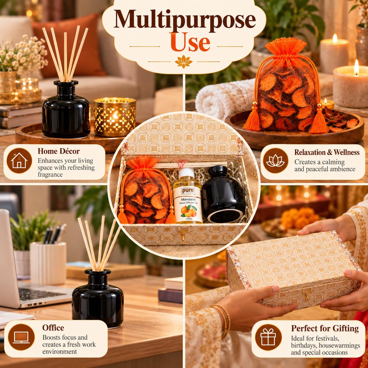 Pure Source India Diwali Gift Set with Reed Diffuser| Premium Home Fragrance Gift Hamper