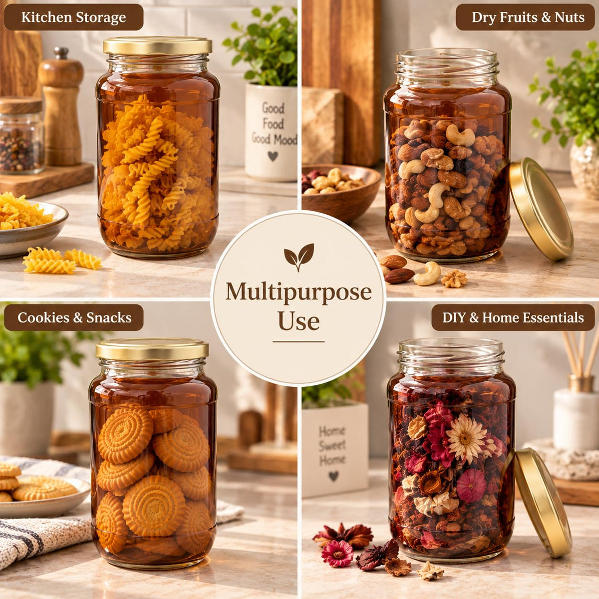 Pure Source India 1000ml Amber Glass Jar with Gold Metal Lid, Airtight Kitchen & Pantry Container, Multipurpose Food Storage Jar