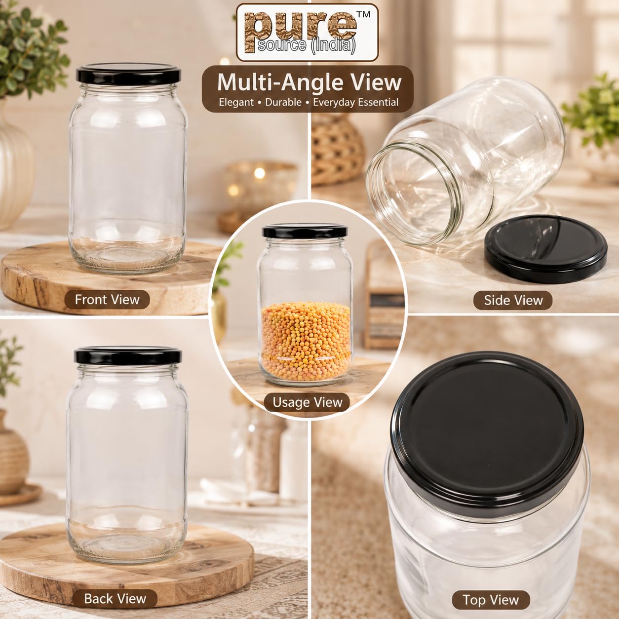 Pure Source India Glass Jar Container With Metal Black Airtight Lid, Capacity 500gm