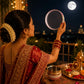 Pure Source India Handmade White Bead Embellished Karwa Chauth Pooja Thali Set, Steel Channi (Sieve), Karwa Lota | Traditional Karva Chauth Puja Kit for Married Women