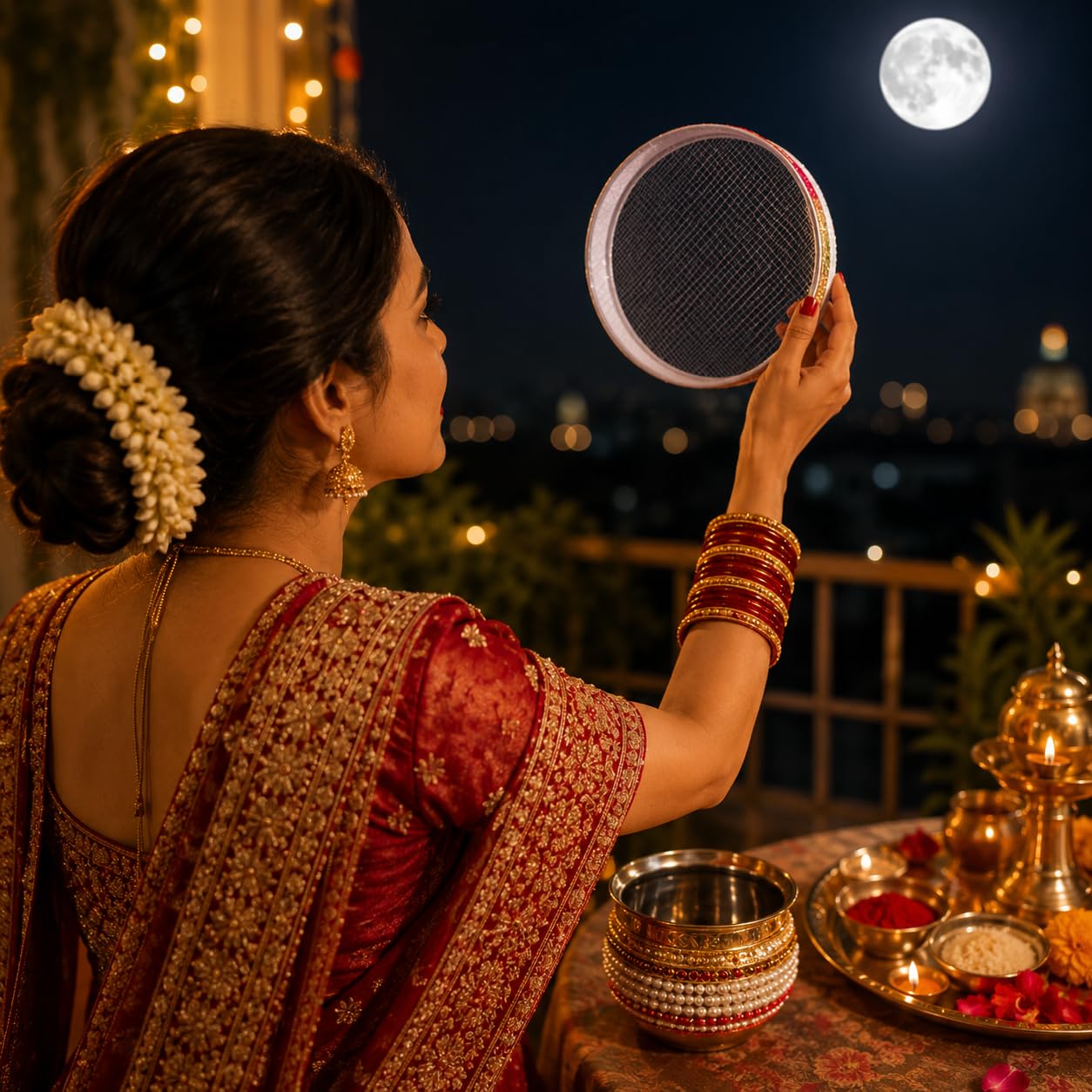 Pure Source India Handmade White Bead Embellished Karwa Chauth Pooja Thali Set, Steel Channi (Sieve), Karwa Lota | Traditional Karva Chauth Puja Kit for Married Women
