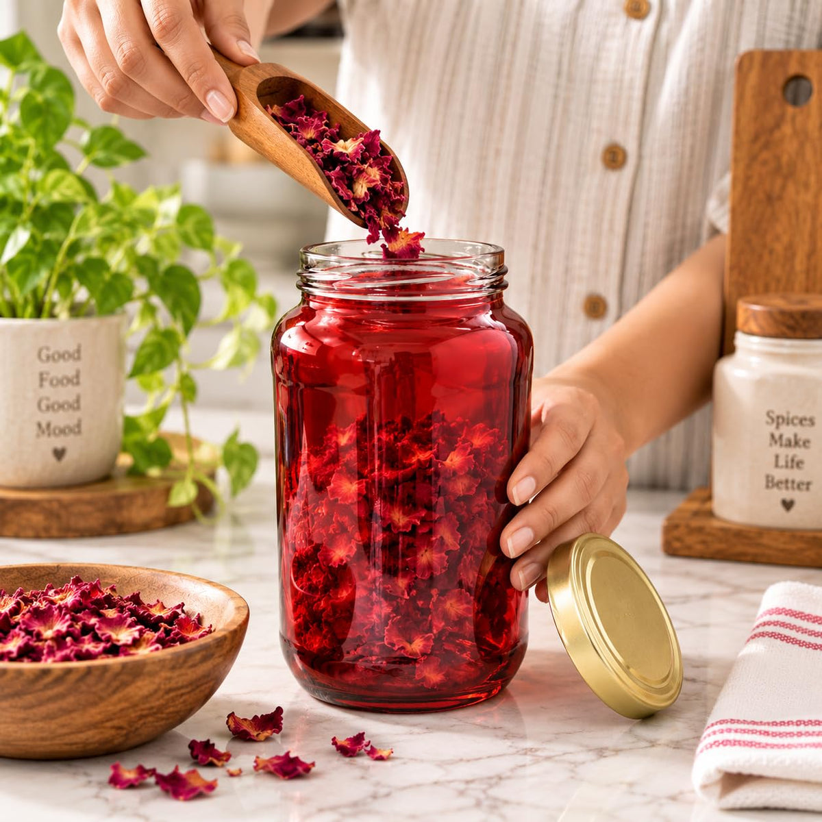 Pure Source India Red Glass Jar with Gold Metal Lid, (1000ml), Airtight Kitchen & Pantry Container, Multipurpose Food Storage Jar