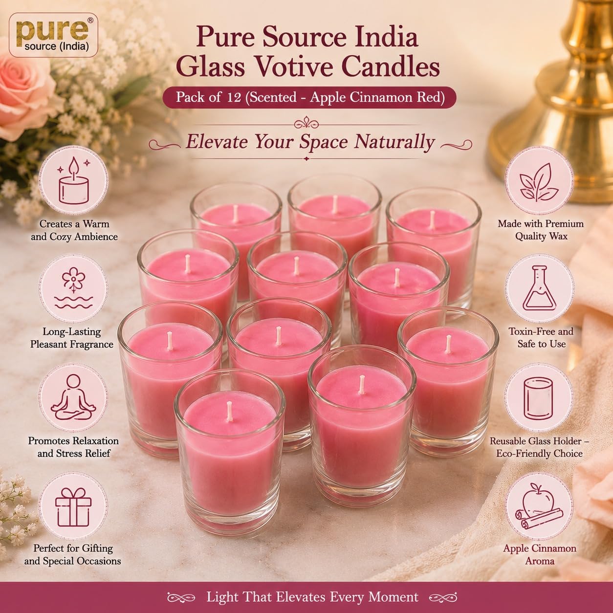 Pure Source India Glass Votive Candles, Pack of 12, (Scented - Apple Cinnamon)