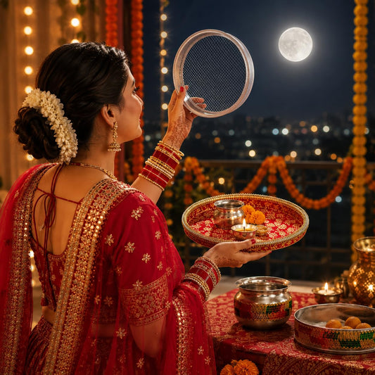 Pure Source India Traditional Banarasi Floral Brocade Design Karwa Chauth Pooja Thali Set with Channi, Karwa Lota for Married Women & Bridal Gift