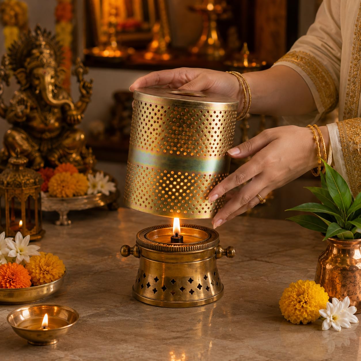 Pure Source India Akhand Jyot Wind Protector | Akhand Deep Diya Cover | Metal Deepak Flame Safety Guard for Puja Mandir
