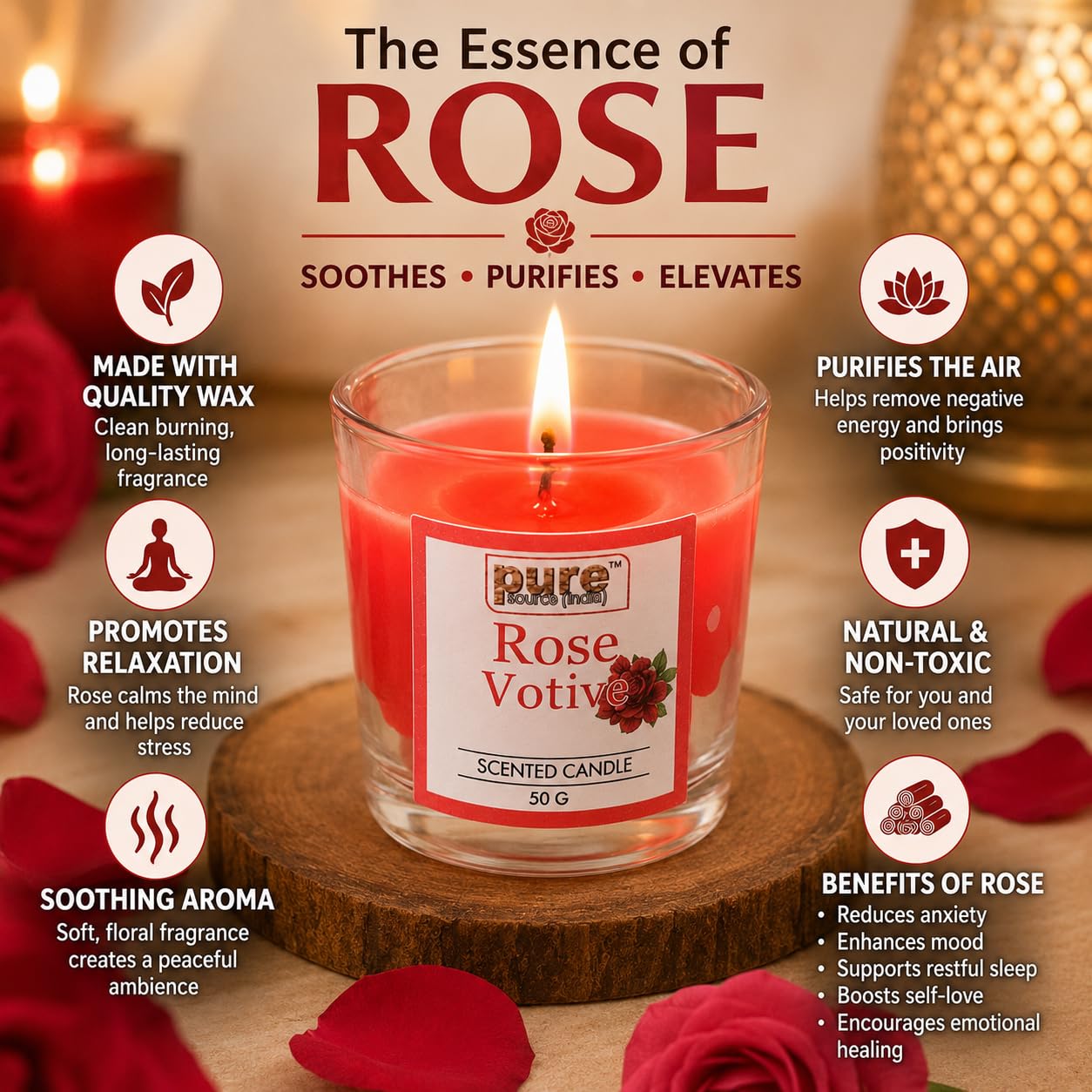 Pure Source India Pack of 6 Votive Glass Scented Candles, Diwali Home Decor Gift (Fragrance-Rose, Jasmine & Sandalwood)