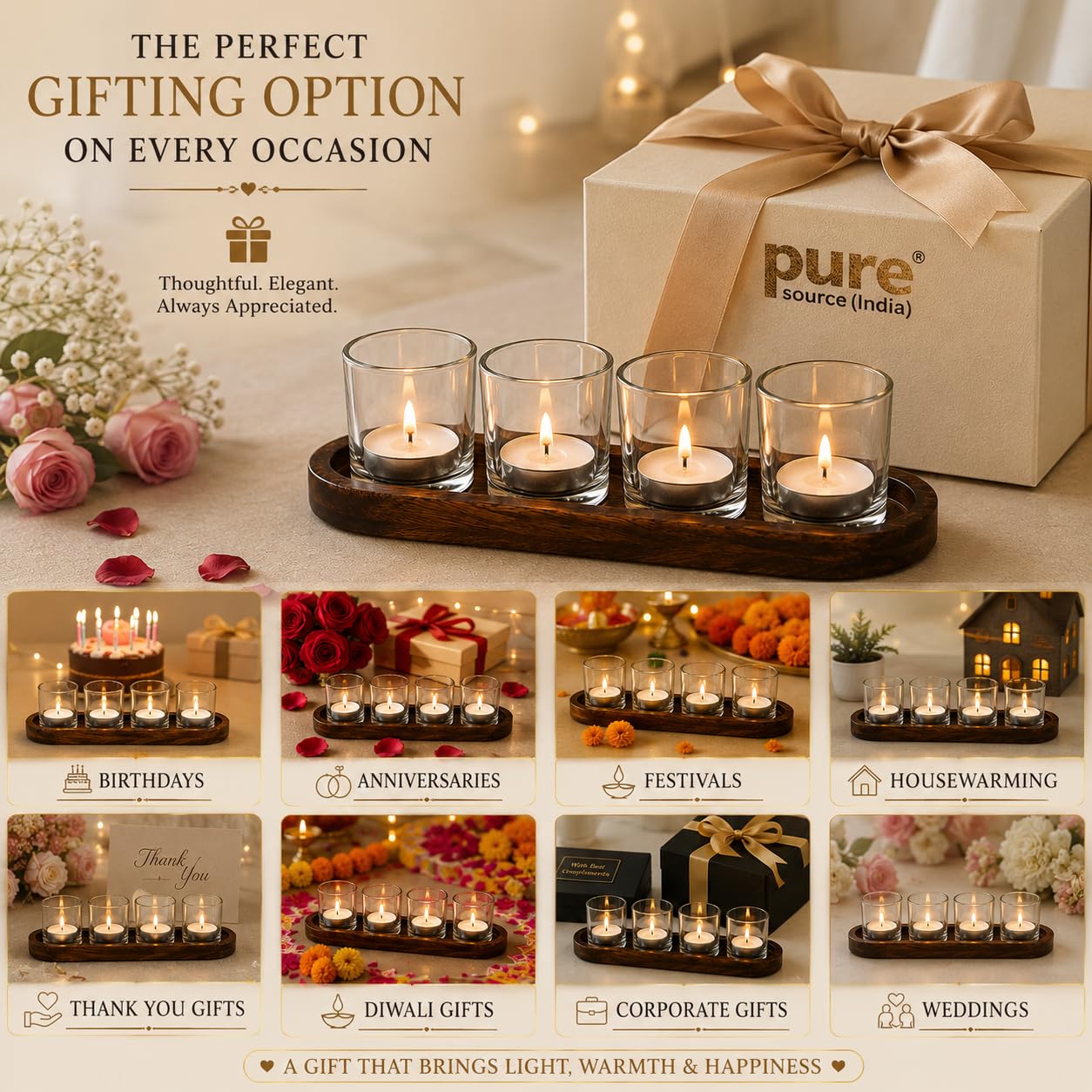 Pure Source India Glass Votive Tealight Candle Holders with Wooden Tray for Home Décor, Diwali Gifting, Living Room (Clear)