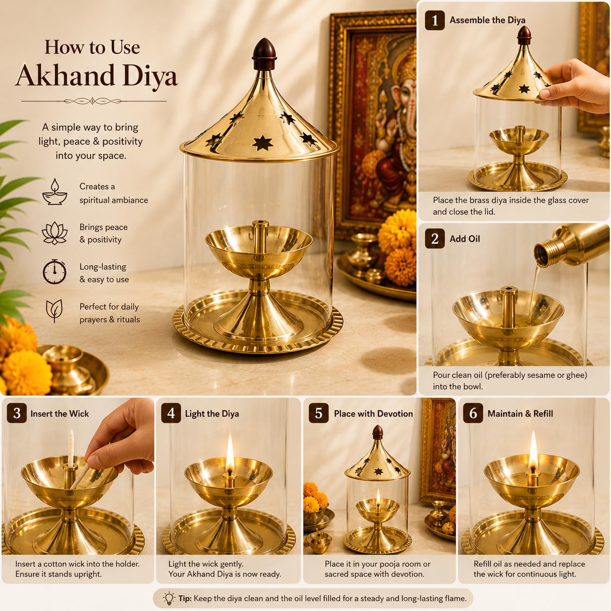 Pure Source India Brass Akhand Diya with Glass Cover | Long Burning Jyot Lamp for Pooja Room, Temple, Home Mandir & Festivals | Wind Protection Design | 50ml Capacity