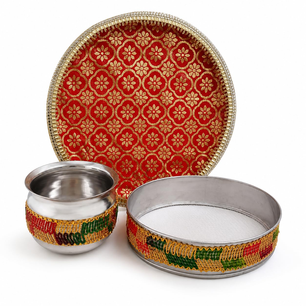 Pure Source India Traditional Banarasi Floral Brocade Design Karwa Chauth Pooja Thali Set with Channi, Karwa Lota for Married Women & Bridal Gift