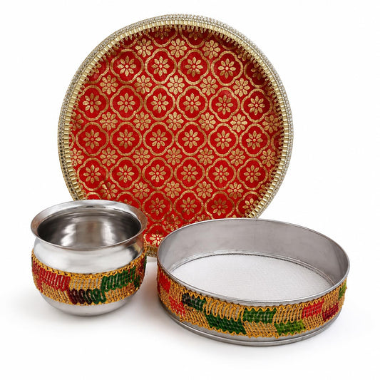 Pure Source India Traditional Banarasi Floral Brocade Design Karwa Chauth Pooja Thali Set with Channi, Karwa Lota for Married Women & Bridal Gift