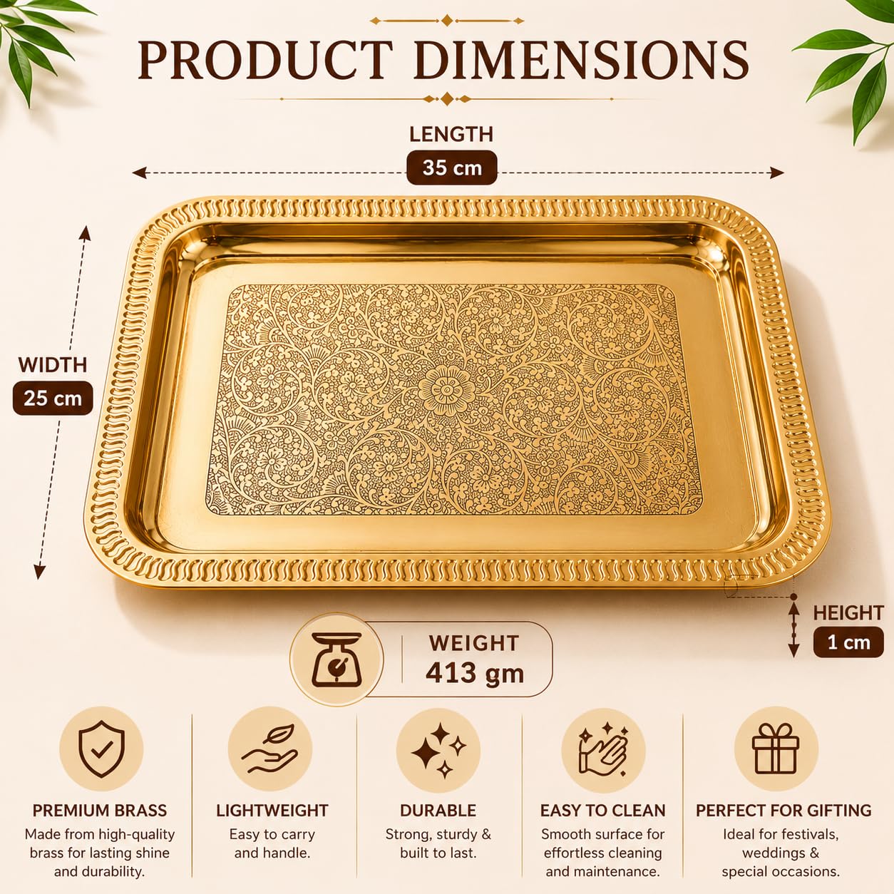 Pure Source India Large Decorative Brass Serving Tray 13.8 x 9.8 Inch | Premium Rectangular Brass Platter for Tea, Coffee, Snacks & Dry Fruits