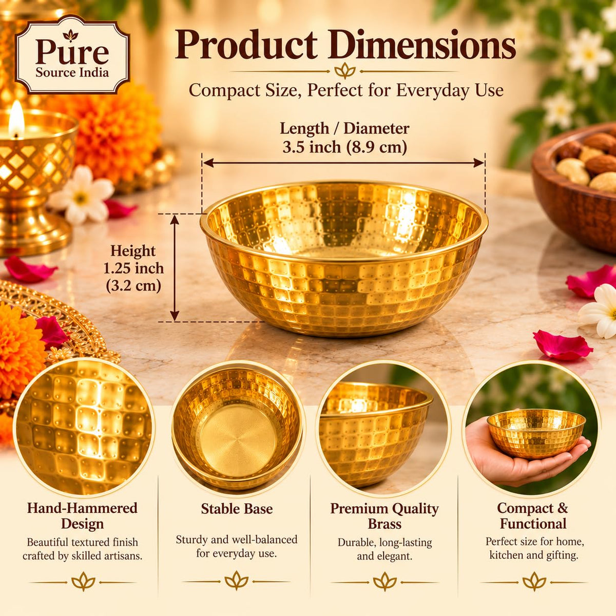 Pure Source India Brass Hammered Bowls Gift Set of 2 for Diwali, Housewarming, Pooja & Festive Gifting