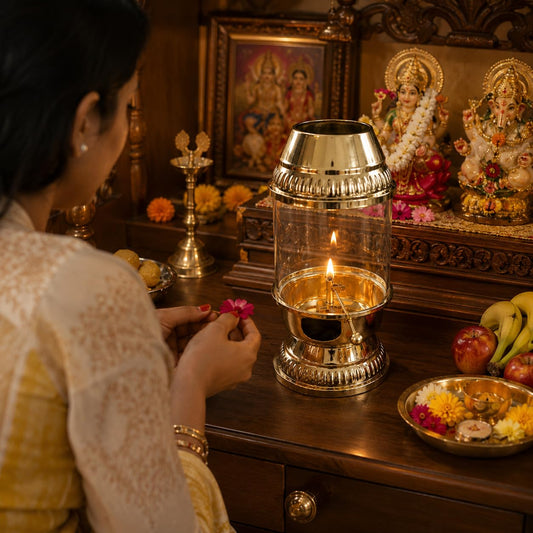 Pure Source India 250ml Capacity Brass Akhand Diya with Glass Cover, 8.5 Inch Height, Long Burning Oil Lamp for Puja Room, Mandir, Temple, Spiritual Decor & Festivals