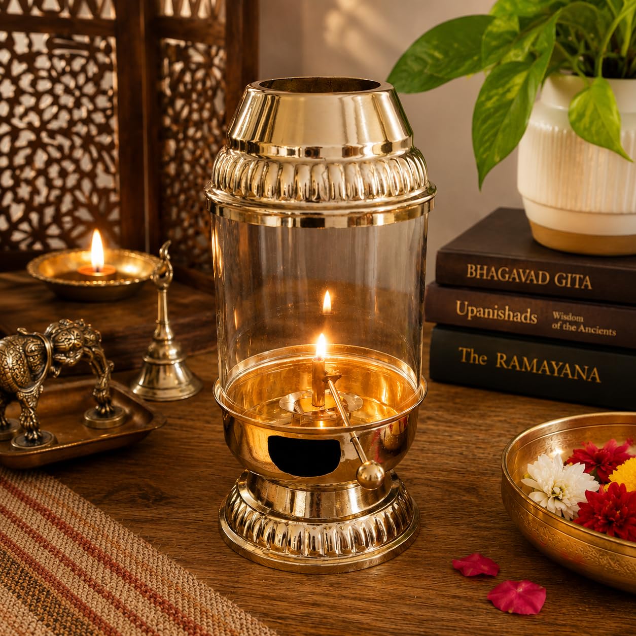 Pure Source India 250ml Capacity Brass Akhand Diya with Glass Cover, 8.5 Inch Height, Long Burning Oil Lamp for Puja Room, Mandir, Temple, Spiritual Decor & Festivals