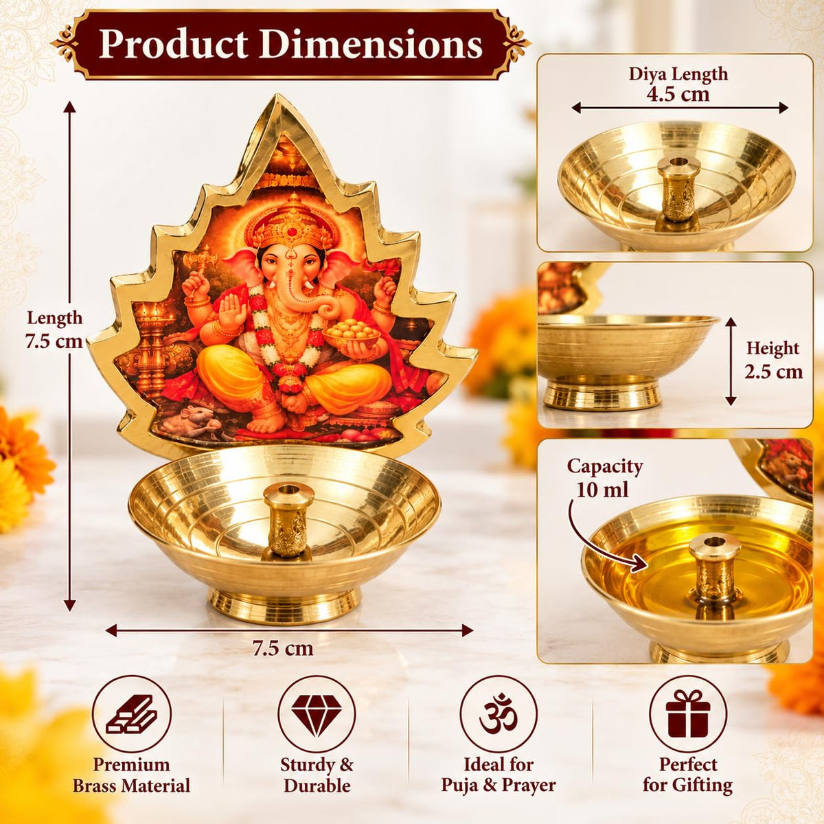 Pure Source India Brass Diya with Ganesh Leaf Frame for Home Temple, Daily Worship, Diwali Decoration & Gifting
