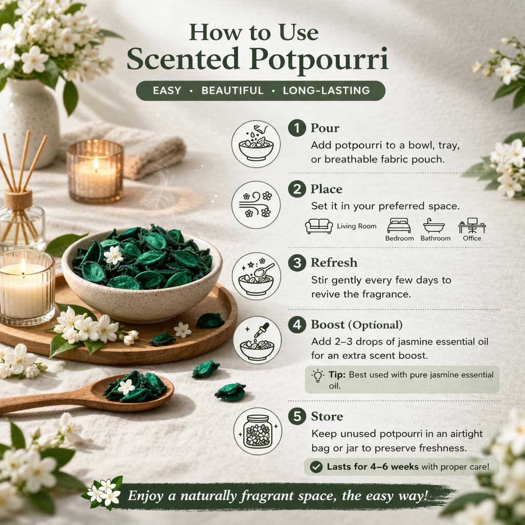 Pure Source India Green, Potpourri – Natural Dried Flower Fragrance Jasmine | Long Lasting Home Fragrance | Decorative Bowl Filler | Wardrobe & Car Freshener | Essential Oil Infused