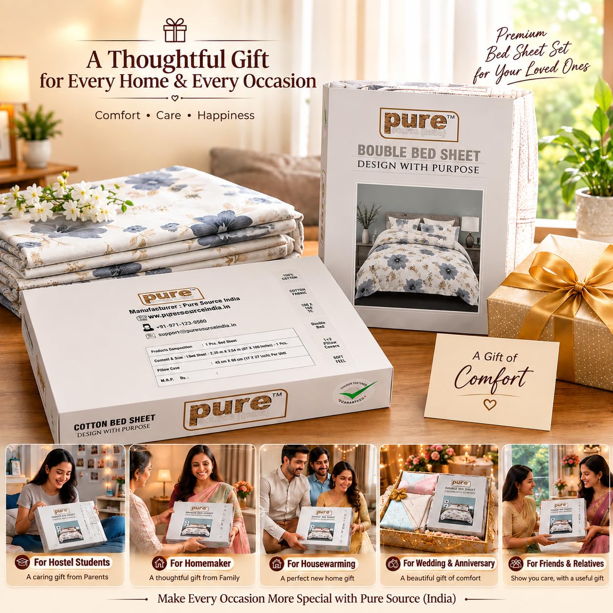 Pure Source India Soft Touch Poly Cotton Double Bed Sheet with Matching 2 Pillow Covers (Grey Floral)