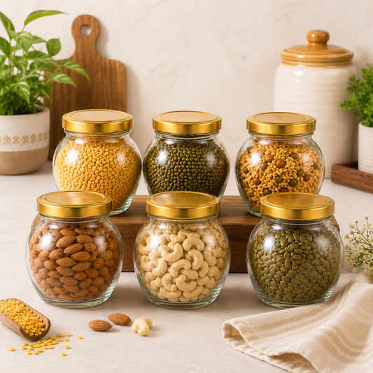 Pure Source India 400ml Glass Matka Jar with Gold Metal Lid | Multipurpose Kitchen Storage Container for Spices, Dry Fruits, Tea, Coffee, Sugar, Honey & Snacks | Transparent Glass Jar
