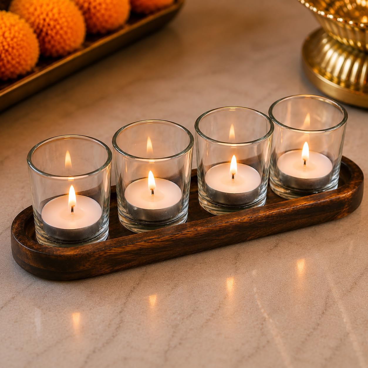 Pure Source India Glass Votive Tealight Candle Holders with Wooden Tray for Home Décor, Diwali Gifting, Living Room (Clear)