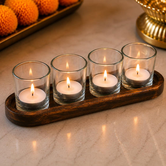 Pure Source India Glass Votive Tealight Candle Holders with Wooden Tray for Home Décor, Diwali Gifting, Living Room (Clear)